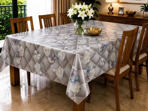 Elegant Grey Diamond Trellis Floral Waterproof Dining Tablecloth – Wipe-Clean Table Cover