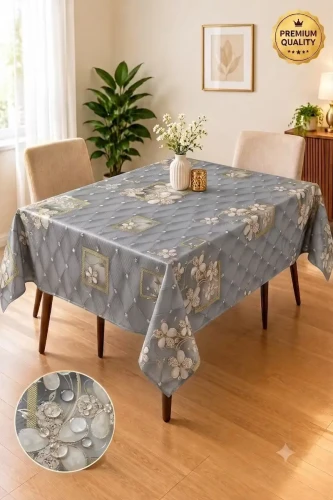 Luxury Steel Grey 3D Quilted Floral Waterproof Dining Tablecloth – Wipe-Clean Table Cover