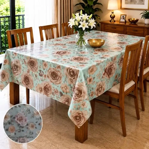 Mint Green Vintage Rose Floral Waterproof Dining Tablecloth – Wipe-Clean Table Cover