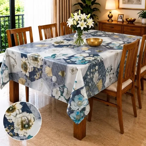 Modern Blue Geometric Floral Waterproof Dining Tablecloth – Wipe-Clean Table Cover