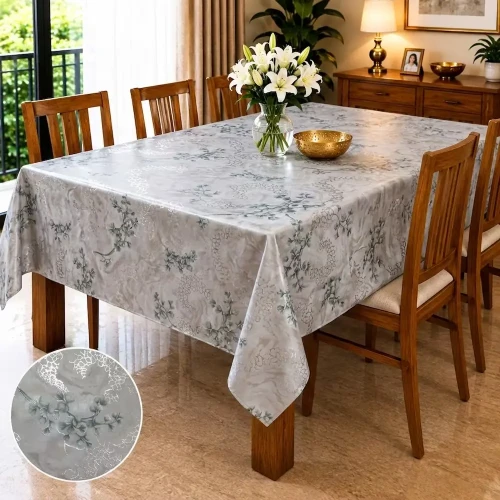Silver Grey Embossed Floral Waterproof Dining Tablecloth – Wipe-Clean Marble Table Cover